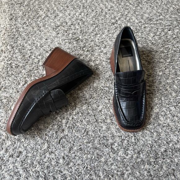 Dolce Vita Talie Loafer Pumps Square Toe Chunky Block Heel Croc Leather 7 Black - Picture 1 of 11